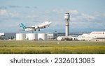 Small photo of Calgary, Alberta, Canada. July 02, 2023. A WestJet Airlines Boeing 737-800, with identification C-FKRF, taking off from Calgary International Airport bound for Las Vegas, USA