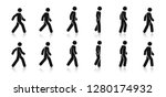 Stick figure walk. Walking animation. Posture stickman. People icons set. Man in different poses and positions. Black silhouette. Simple cute modern design. Flat style vector illustration.