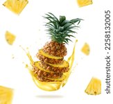 Small photo of 3D rendering for a pineapple juice ad with a flying pineapple sliced ​​into round slices with a splash of freshly squeezed pineapple juice on a white background with blurred triangular slices