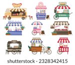 Street vendor booths. Outdoor local market stalls and fast food kiosks. Festival food court cartoon vector illustration set. Selling hot dogs, donuts, burgers, popcorn and fresh drinks