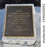Small photo of Niagara Falls, New York / USA -December 23, 2019: Bronze Memorial Statue Chief Clinton Rickard at Niagara Falls state Park tribute to Native Americans of Iroquois Confederacy