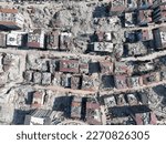 Turkey earthquake aerial view. Aerial view of collapsed buildings in Hatay