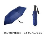 Set of Phantom Blue Foldable Umbrella Isolated on White Background. Design Template for Mock-up, Branding, Advertise etc. Front and Closed View