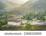 Small photo of Aerial image of rice terraces in Sang Ma Sao, Y Ty, Lao Cai province, Vietnam. Landscape panorama of Vietnam, terraced rice fields of Sang Ma Sao. Spectacular rice fields. Stitched panorama shot