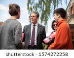 Small photo of Cardiff, Wales, UK, May 20th 2019. Labour MP Keir Starmer greets young student voters during Welsh Labour campaigning for the European Elections in Roath, in the constituency of Cardiff Central.