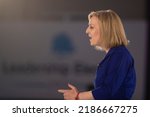 Small photo of Cardiff, Wales, UK. August 3 2022: Liz Truss during the Conservative party leadership hustings event in Cardiff. The winner of the contest will become the new UK prime minister.