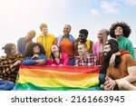 multiracial young group in protest lgbt gay pride day