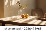 Small photo of Modern interior lifestyle Mediterranean in summer scene, plant with fruit on table with light and shadow in dining room