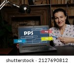 Small photo of PPS Pay Per Sale - Thoughtful female person showing laptop screen