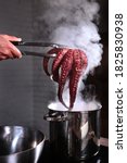 Small photo of Boiled octopus in the hands of the chef. The whole carcass of an octopus. Pot of hot water in the kitchen. Unrecognizable photo. Copy space.