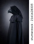 Small photo of Black bird in hooded cloak at night over dark misty background