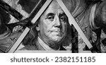 Small photo of Benjamin Franklin's eyes from a hundred-dollar bill. The face of Benjamin Franklin on the hundred dollar banknote, backgrounds, close-up. 100 dollar bill with only eyes of Benjamin Franklin