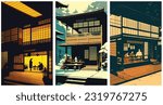 Old Fashioned Japanese Tea House Traditional Vintage Tea Ceremony Venue set collection of abstract vector illustration
