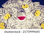 Small photo of Funny smiling shark head depicting of a loan shark emerging from the ocean full of dollars. Blurry background with selective focus on the nose.