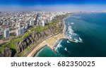 LIMA, PERU: Aerial view of Miraflores town, cliff and the Costa Verde high way.