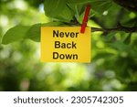 A yellow paper note with the phrase Never Back Down on it attached to a tree branch with a clothes pin. Close up.