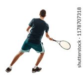 Small photo of Back view on an athletic man playing tennis, isolated on white. Fit body and active footwork of a coach. Sport education.