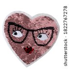 Small photo of Pink sequin heart with face and eyeglasses isolated on white background. Funny cartoon art to hide flaws of girl's clothing.