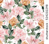 watercolor pattern with peony... | Shutterstock . vector #524232298