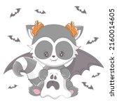 halloween raccoon with a ghost. ... | Shutterstock .eps vector #2160014605