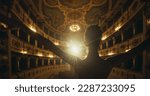 Small photo of Cinematic Back View of Young Classical Ballet Female Dancer Standing on Classic Theatre Stage with Spotlights for the Curtain Call. Graceful Performer Accepting the Audiences' Applause for her Talent