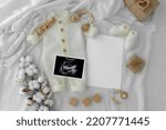 Small photo of Pregnant Announcement Template.Holiday Digital Pregnancy Announcement. Layout for the design and placement. Onesie template . Mockup of infant bodysuit. Social media Baby Announcement.