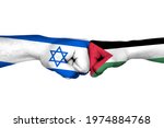 Israel - Palestine relations concept. Flags of Israel and Palestine
 painted on hands fists facing each other on white background