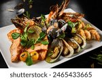 Gourmet Assorted Seafood Platter With Mussels, Salmon, Shrimp, and Octopus on Elegant Tableware.