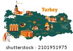 Vector map of Turkey. Sights. Historical places. Tourism. Cities. Guide. Ephesus, Cappadocia, Pamukkale, Mount Nemrut, Ararat, Sumela Monastery, Aspendos, Maiden