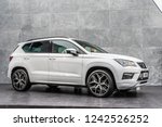 Small photo of Paris, France, October 02, 2018: metallic white Seat Ateca FR at Mondial Paris Motor Show, compact crossover vehicle (CUV) manufactured by Spanish automaker SEAT