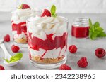 Small photo of Raspberry trifle with whipped cream, berry sauce, cookie crumbs and mint leaves in a glass on a gray concrete background. Summer diet dessert