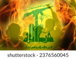 Small photo of Flag of Hezbollah on the people protest background. War or protests in Lebanon, Beirut, Palestine. Fire, flame, hell.