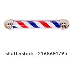 Small photo of Vintage barber pole, rotating, illuminated, with red blue stripe, isolated with white background, barber pole