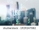 Virtual USD symbols illustration on blurry skyline background. Trading and currency concept. Multiexposure