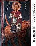 Small photo of Nikitari, Nicosia, Cyprus- 11.6.2008 : colourful hagiography of Saint Mammas in Panagia Forviotissa (Asinou) , a Christian church of the beginning of the 12th century. UNESCO World Heritage Site