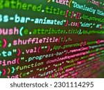 Small photo of Business and AI technology represent learning process. The word 'Security Breach' mixed in a random minified javascript code with syntax highlighting. Web site codes on computer monitor