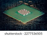LGA package CPU IC close up on printed circuit board background