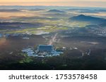 Aerial view of Independence Hall at sunrise seen from Heukseong Mt near Cheonan-si, South Korea
