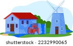 River landscape with mill, house building at nature water vector illustration. Rural farm background, old agriculture countryside village