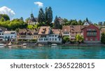 Small photo of Beautiful panoramic view of Stein Am Rhein town on Rhine River in beauty Swiss canton of Schaffhausen, Sensational landscape and clear blue sky in warm sunny summer day.
