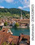 Small photo of Beautiful panoramic view of Stein Am Rhein town on Rhine River in beauty Swiss canton of Schaffhausen, Sensational landscape and clear blue sky in warm sunny summer day.