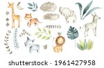 Safari animals watercolor illustration with baby elephant, lion, zebra, giraffe, rhinoceros and tropical jungle foliage for nursery 