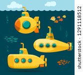 Yellow Submarine undersea with fishes, cartoon style, with periscope, bathyscaphe underwater ship, Diving Exploring At the Bottom of Sea Flat design. Vector