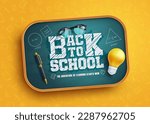 Back to school vector design. Back to school text in chalkboard element with light bulb and pen educational elements. Vector illustration back to school concept.