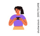 girl holds credit or debit card.... | Shutterstock .eps vector #2091751498