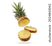 Small photo of Fresh juicy tropical fruit pineapple flying isolated on white background. Sliced ananas pineapple falling.