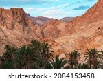 Small photo of Atlas Mountains. Oasis de Chebika with dates palm trees between the rocks and mountains in the middle of the desert. Desert canyon, Grand Canyon of Tunisia. Near the boarder of Algeria.
