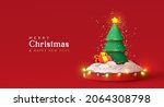 Happy New Year background. Green Christmas tree with star and box of gifts strewn with snow on red round studio podium, realistic 3d decorative garland glow. Xmas Decorations. Vector illustration