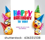 Happy birthday vector design with smileys wearing birthday hat in white empty space for message and text for party and celebration. Vector illustration.
