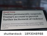 Small photo of Moscow, Russia - 11 January 2021: The Guardian news with Twitter permanently suspends Trump’s account to prevent further incitement of violence headlines on smartphone screen.